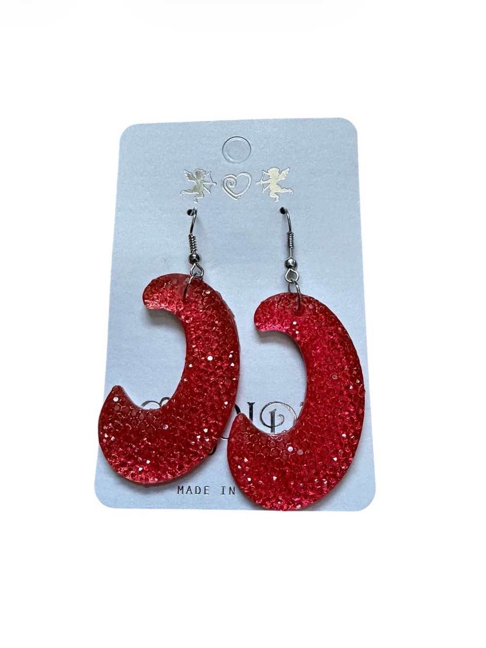 Red/Pink Rhinestone Crescent Hoop Dangle Earrings